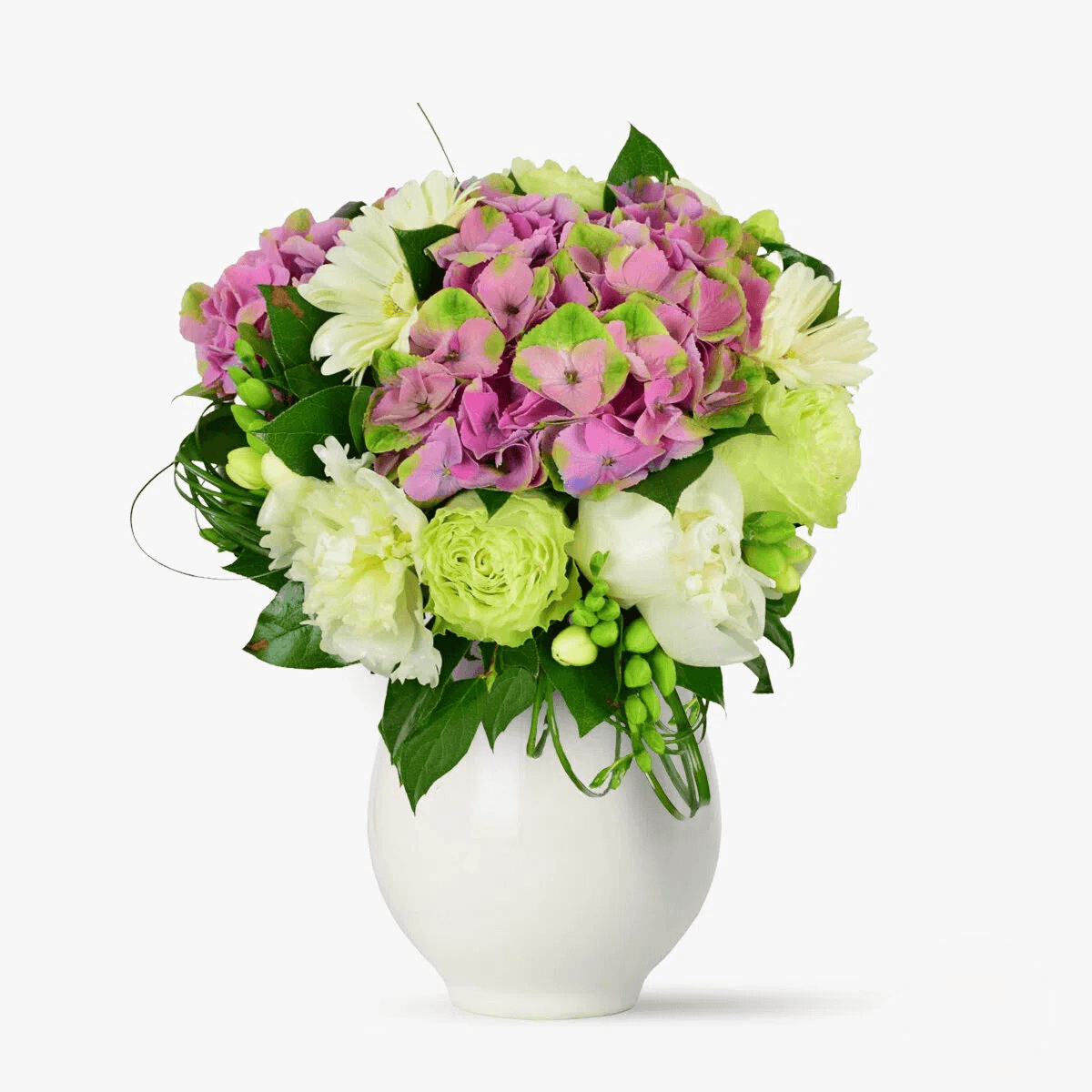 Buchet de flori cu hortensia roz, gerbera, bujori Speranta si credinta