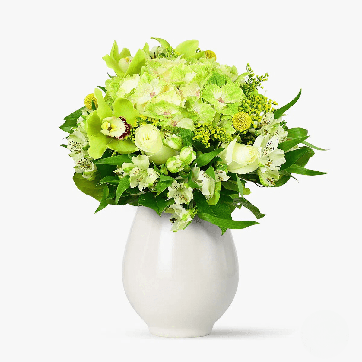 Ai grija de tine cu cymbidium verde, 3 trandafiri alb, solidago, hortensie alb
