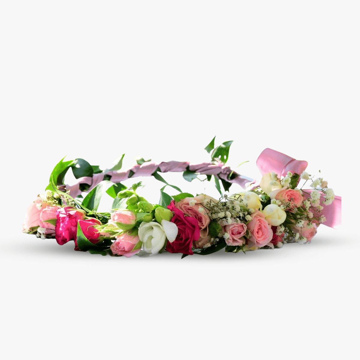 Coronita flori cu 5 minirosa roz, 3 frezia roz, 1 gypsophila, verdeata Coronita pentru sfarsitul scolii