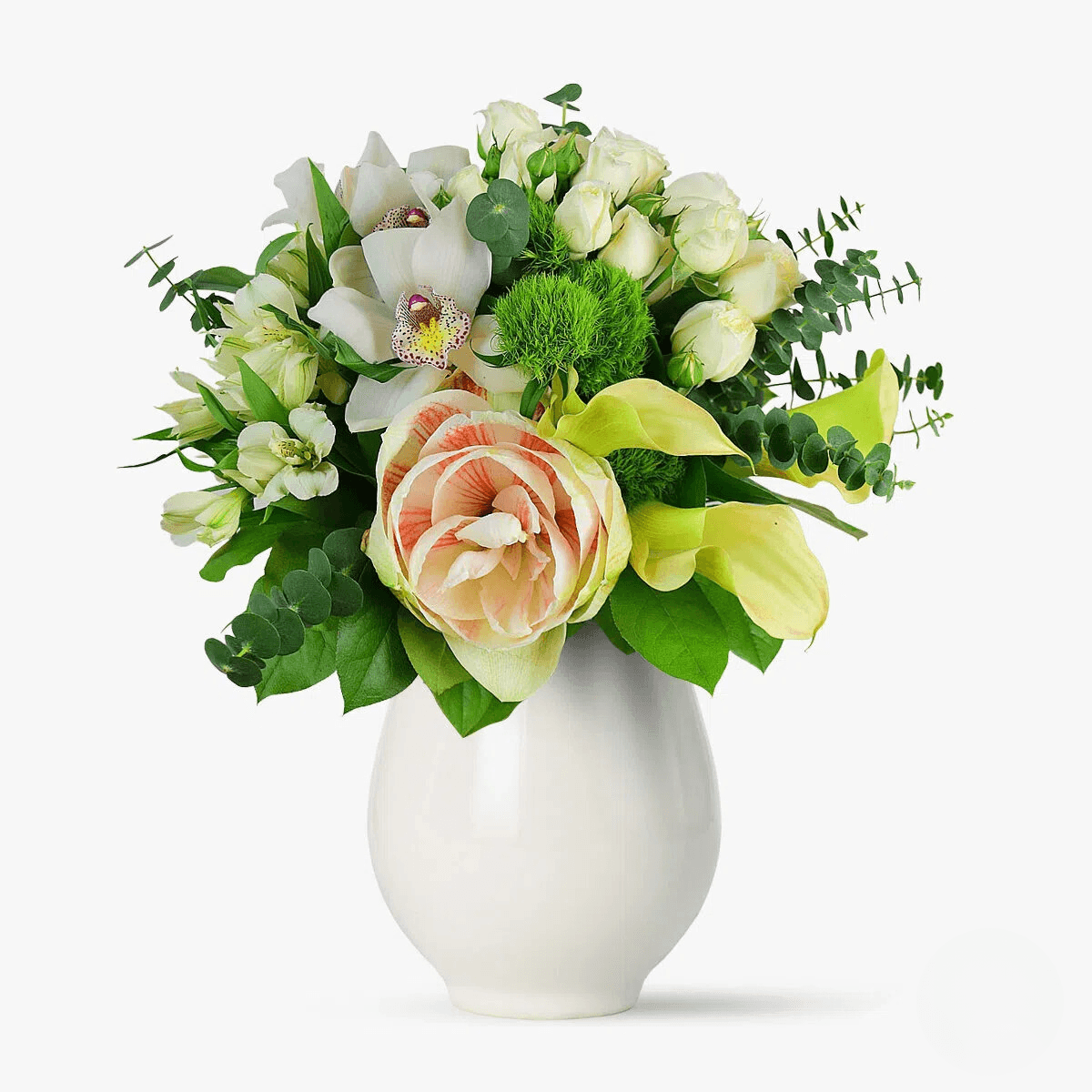 Buchet de flori cu 3 cale galbene, 1 amarilis alb-rosu, 3 cymbidium alb Vive la Reine