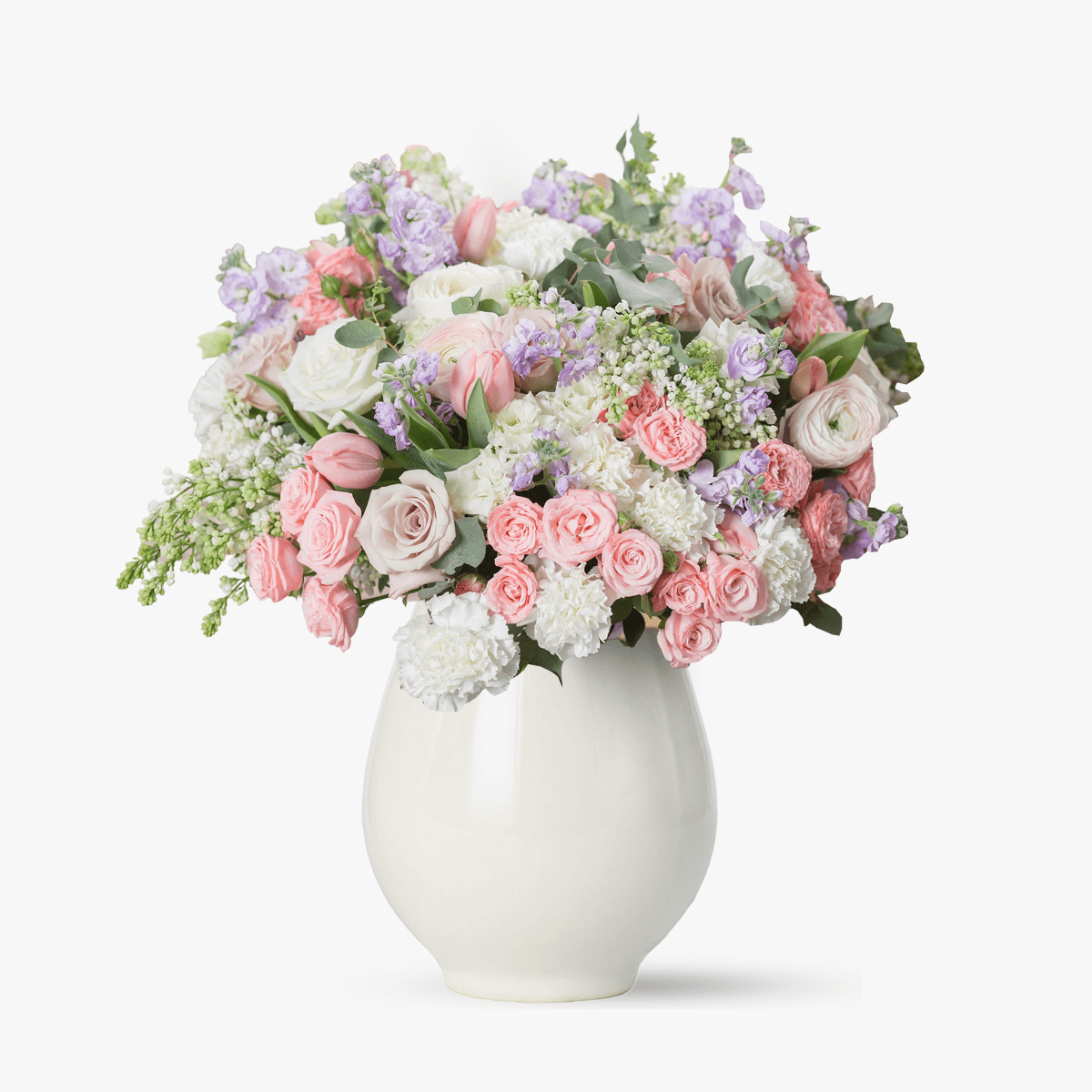 Buchet de flori cu 10 mattiola mov, 5 liliac alb, 10 trandafiri mixt, 10 dianthus alb, 5 sprayroses roz Prospetime de vara