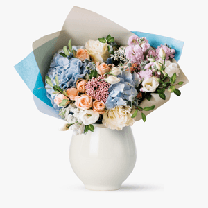 Bouquet with blue hydrangea and eryngium