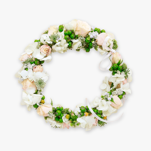 Coronita cu flori albe si hypericum