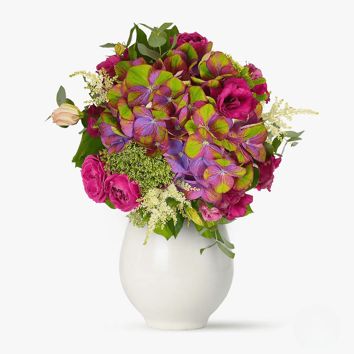 Buchet cu lisianthus, trachelium alb, trandafiri mov, hortensie mov Magenta