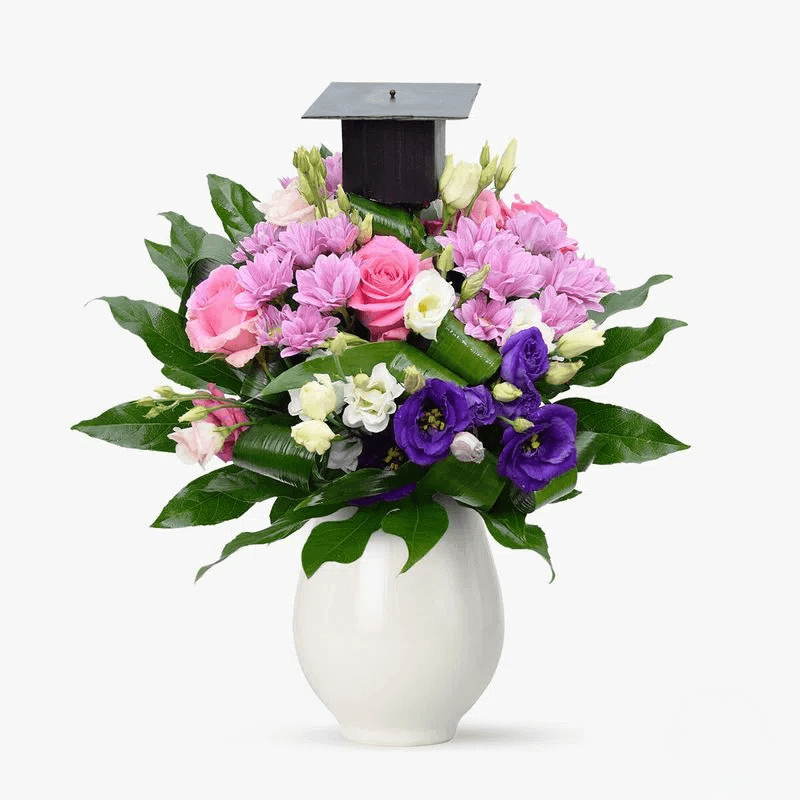 Buchet de flori cu lisianthus multicolor, trandafiri roz Buchet absolvire