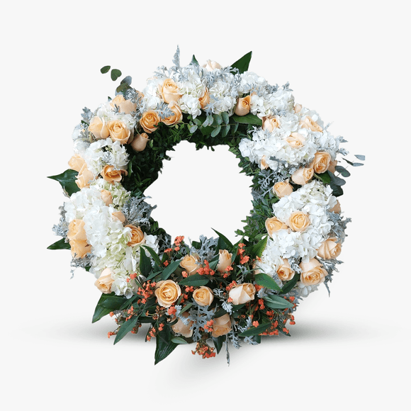 Funeral wreath with white hydrangea