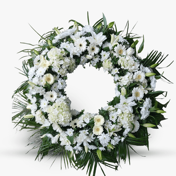 Funeral wreath with white hydrangea and gerbera