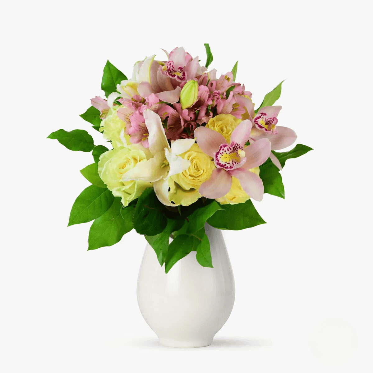 Buchet de flori cu Alstroemeria roz, 3 Orhidee Cymbidium Cupa roz, Crin asiatic alb Eleganta toamnei