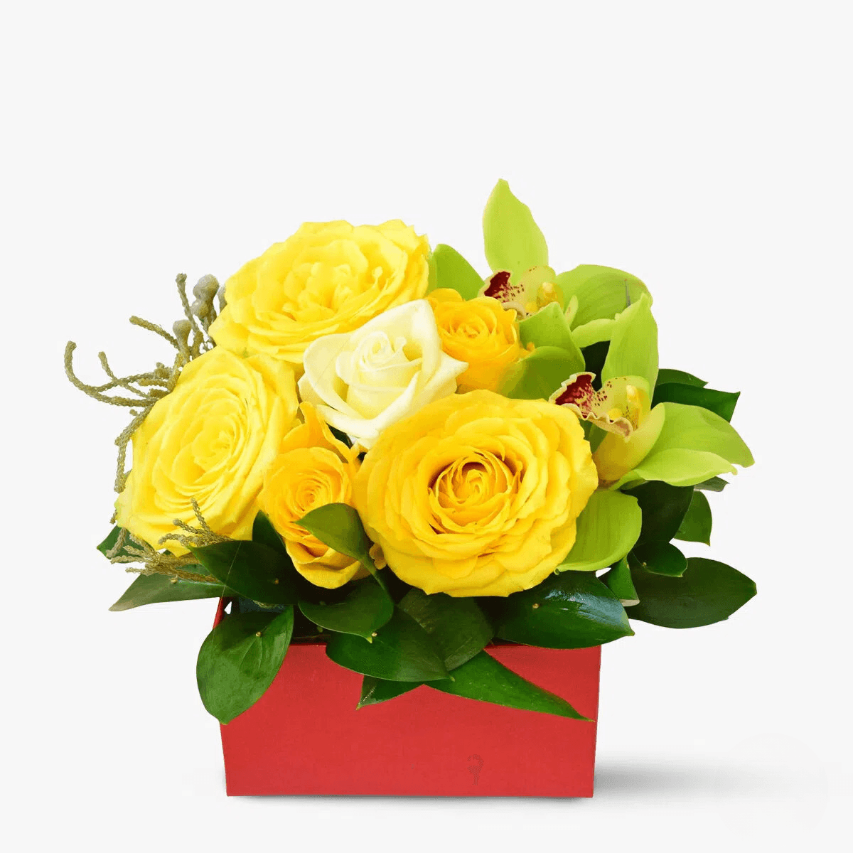 Flori business cu 6 trandafiri galbeni, 3 trandafir alb, 2 orhidee cymbidium verde Moment de sarbatoare