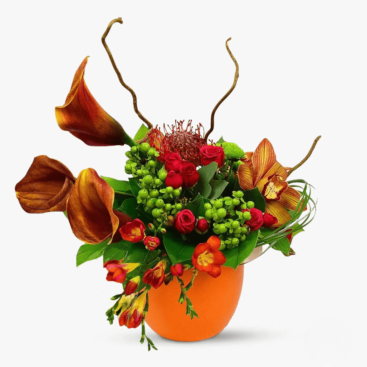 Aranjament floral cu cale portocalii, hypericum verde, minirosa rosu, cymbium portocalii Planeta Halloween