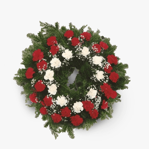 Coroana funerara circulara din garoafe albe si rosii