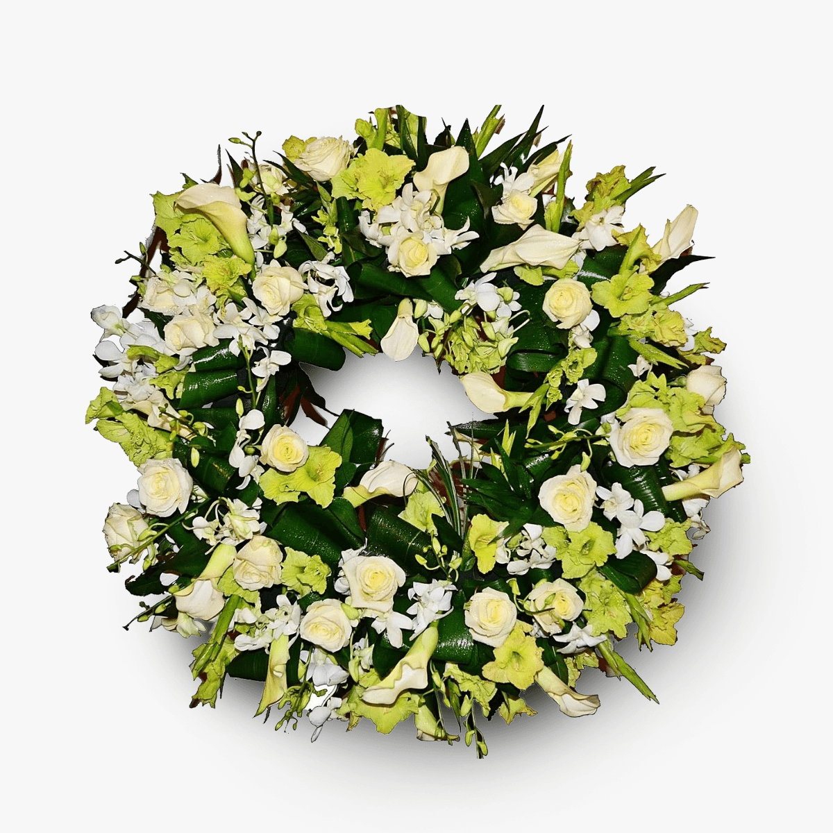 Coroana funerara cu 20 de trandafiri albi, 20 lisianthus alb si verde, 20 cale albe, 20 dendrobium albe Credinta