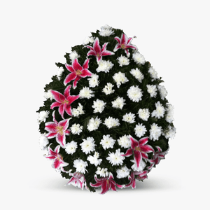 Coroana funerara cu crizanteme albe si crini roz