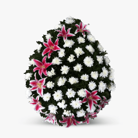 Funeral wreath with white chrysanthemums and pink lilies