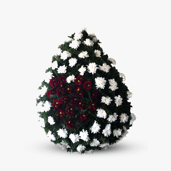 Funeral wreath with white chrysanthemums and garnet