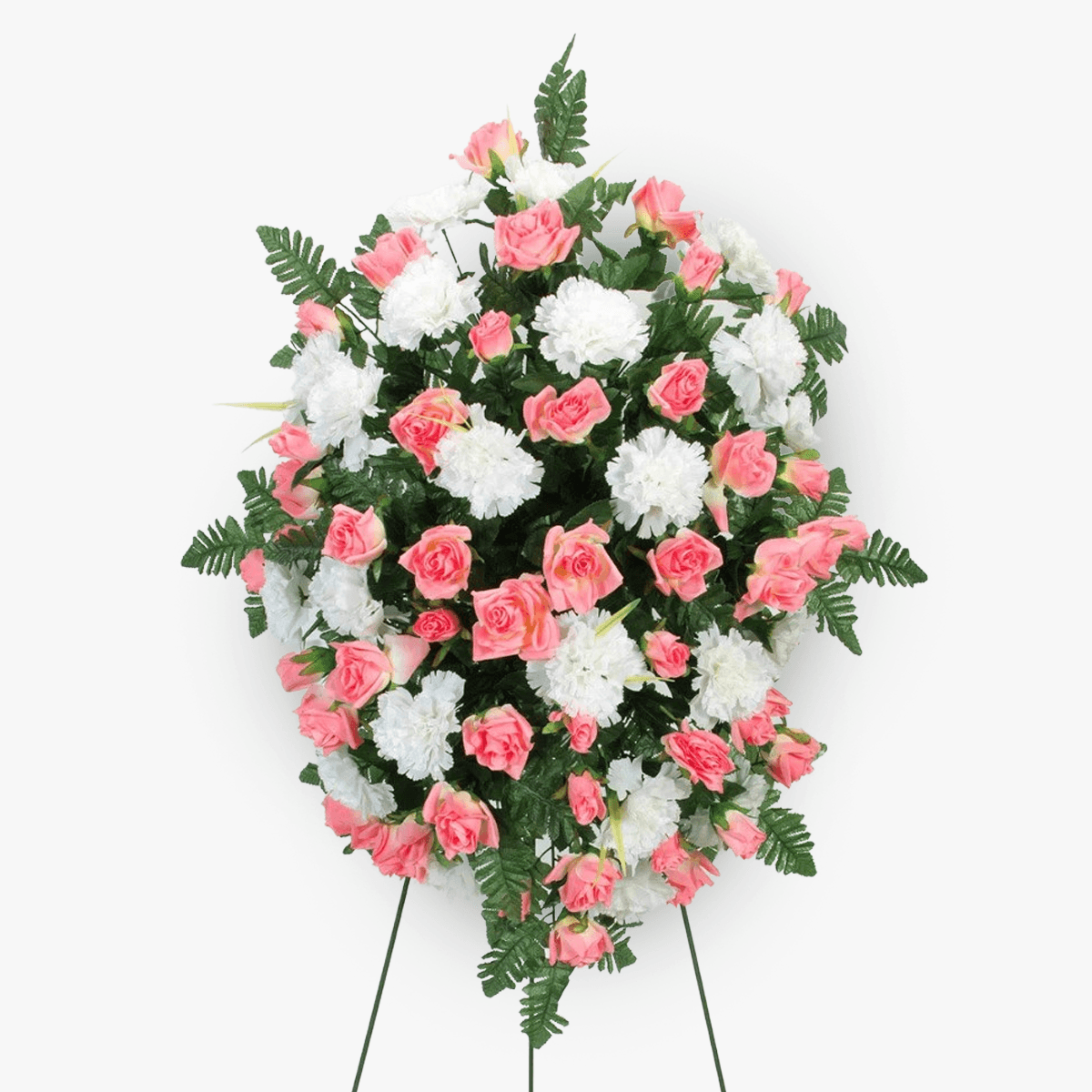 Coroana funerara cu 35 trandafiri roz, 15 garoafe albe