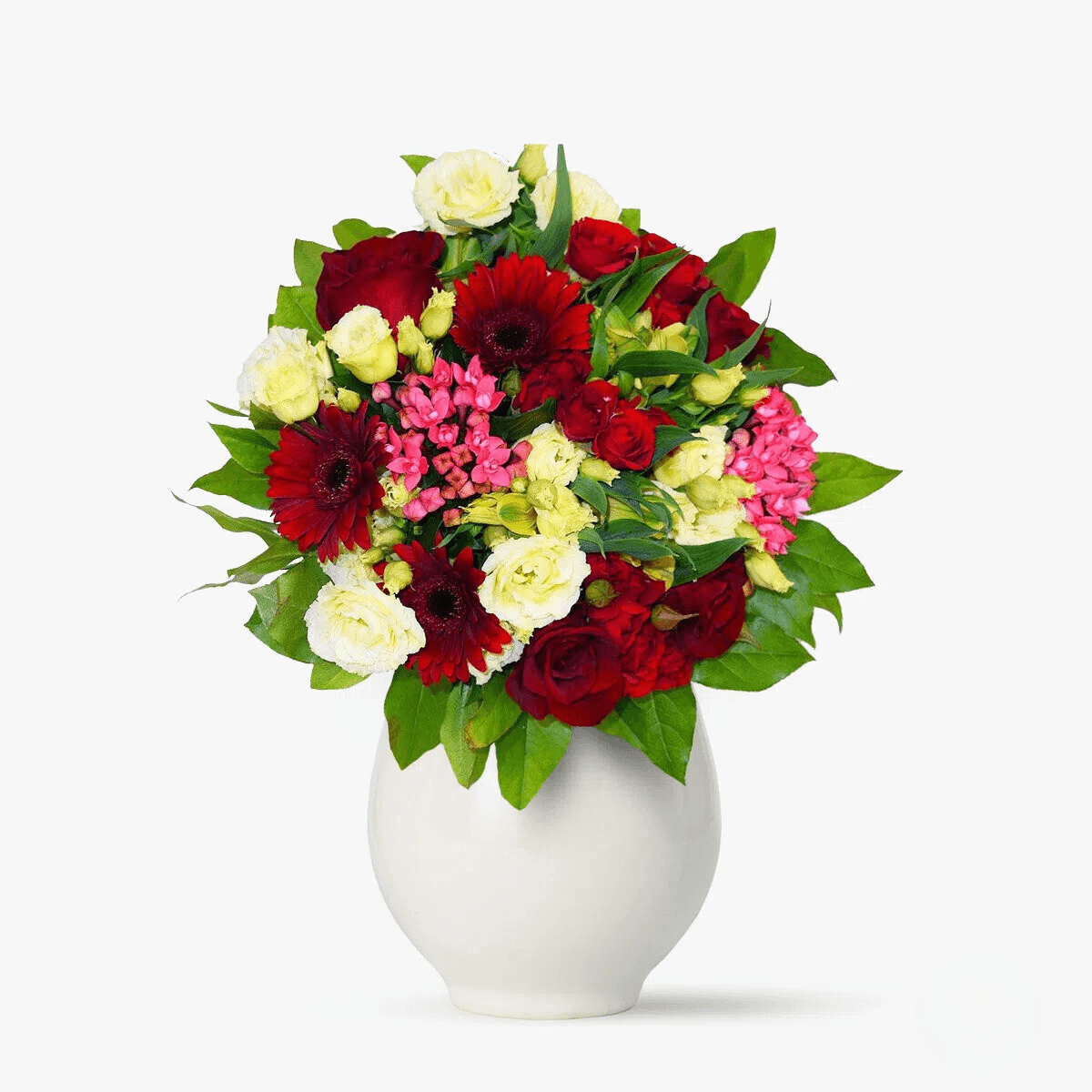 Buchet de flori cu minirosa rosii, alstroemeria galbene, trandafiri rosii, lisianthus Buchet pentru zambet