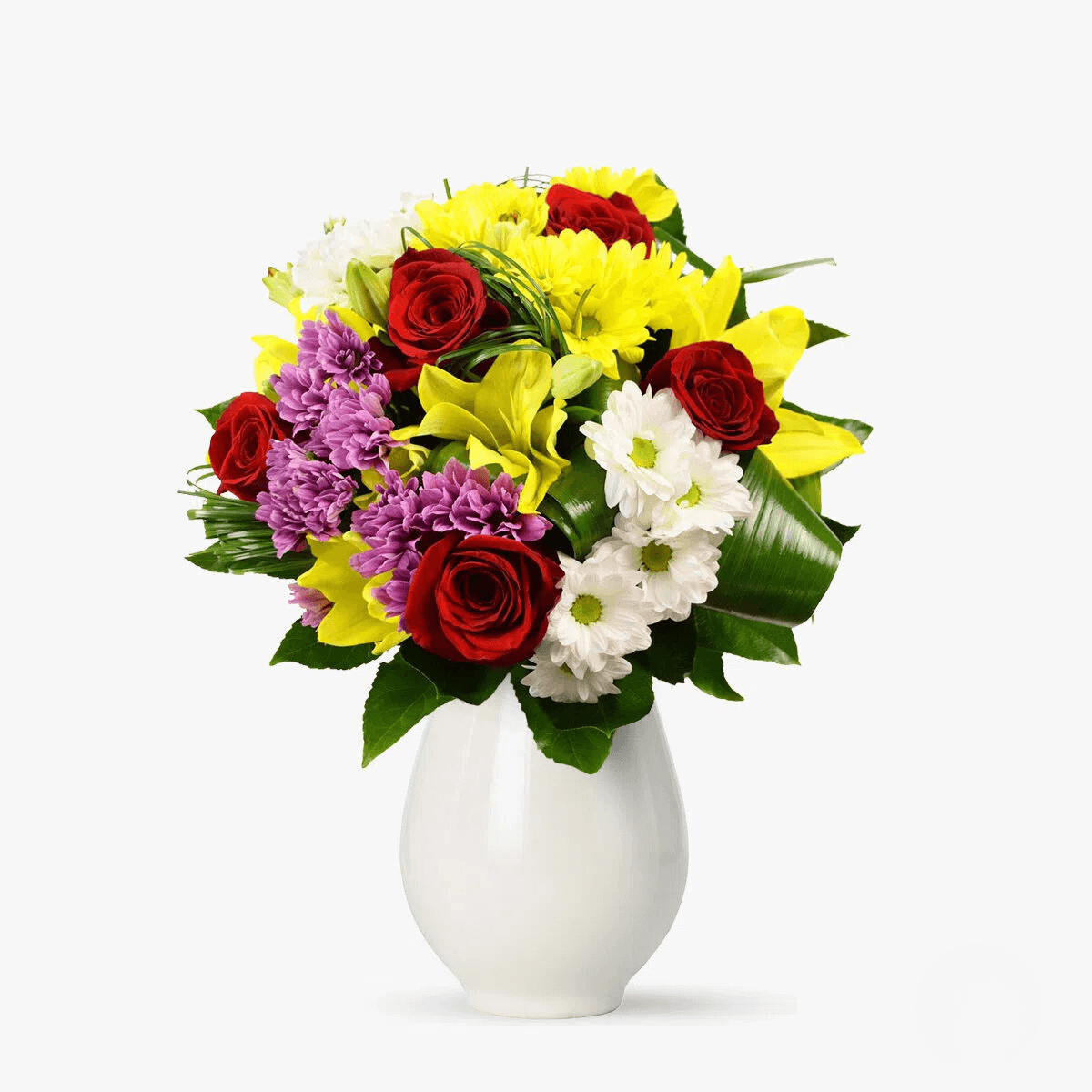 Buchet de flori cu 5 Crizanteme multicolor, 3 Crin asiatic alb, 5 Trandafiri rosu Joc de culoare