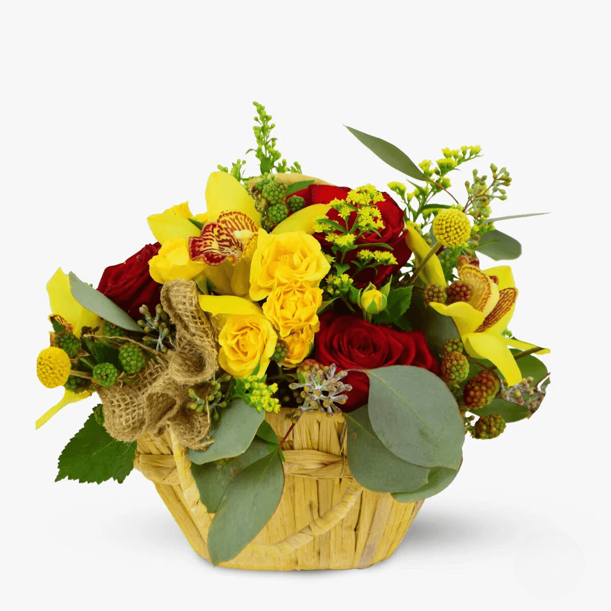 Aranjament floral cu trandafiri rosii, cymbidium galben, craspedia, minirosa galbeni Adagio de toamna