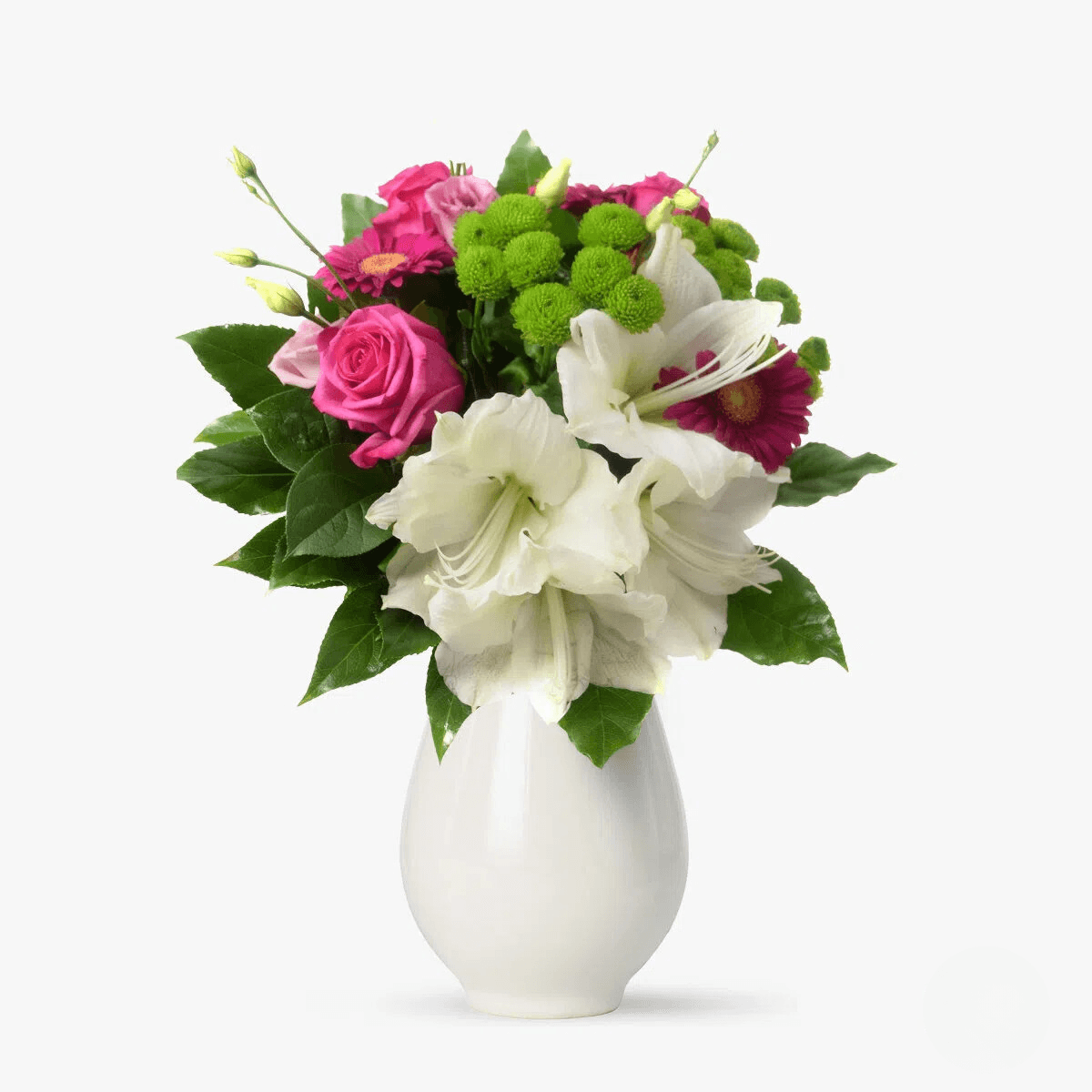 Toamna vesela cu amaryllis alb, 3 gerbera roz, trandafiri roz, santini