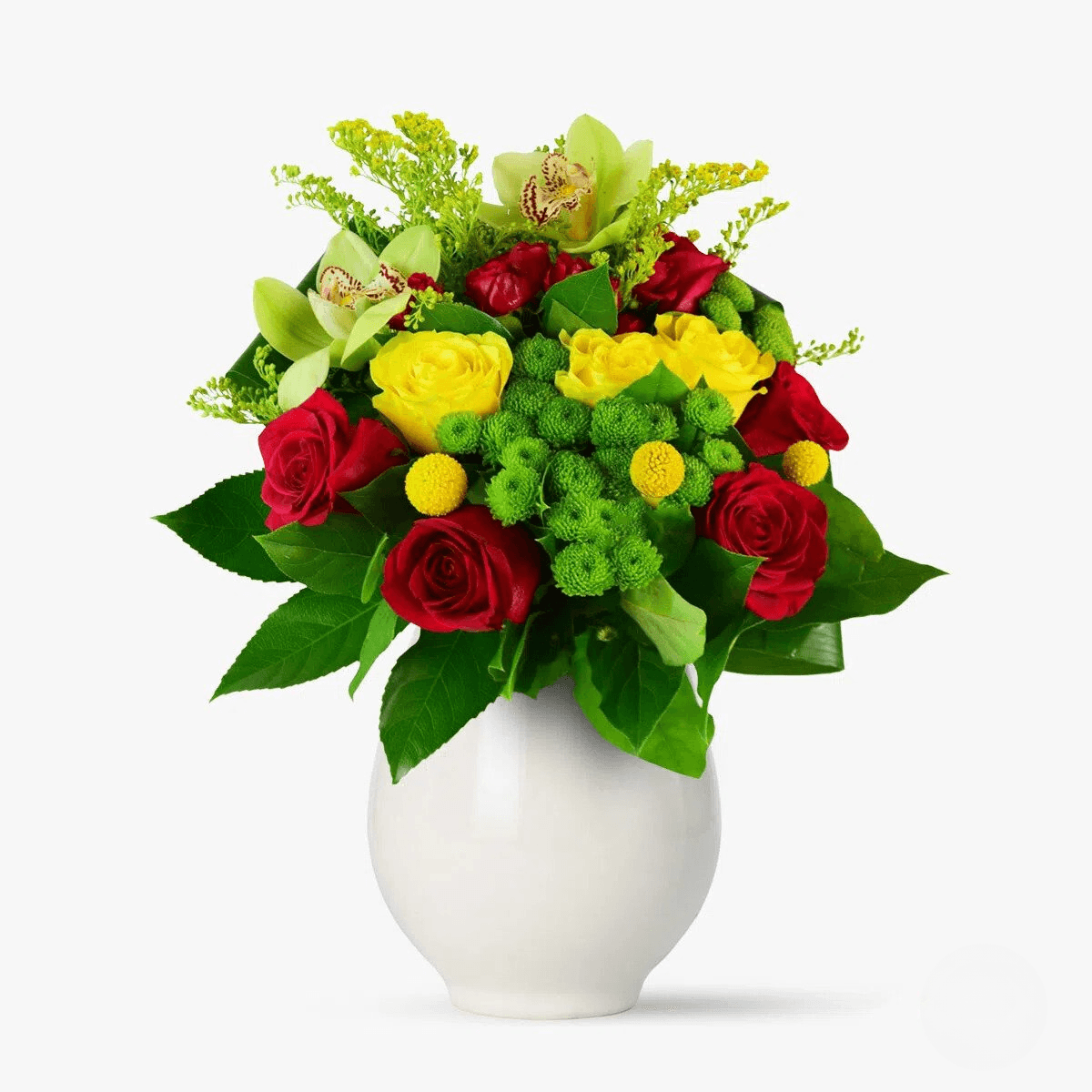 Buchet de flori cu cymbidium verde, craspedia, trandafiri rosii, santini verde Zambetul toamnei