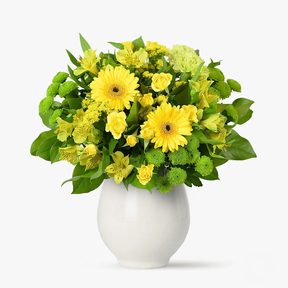 Buchet de flori cu 4 santini, alstroemeria galbena, minirosa galbena, minigerbera galbene Buchet Galben tomnatic