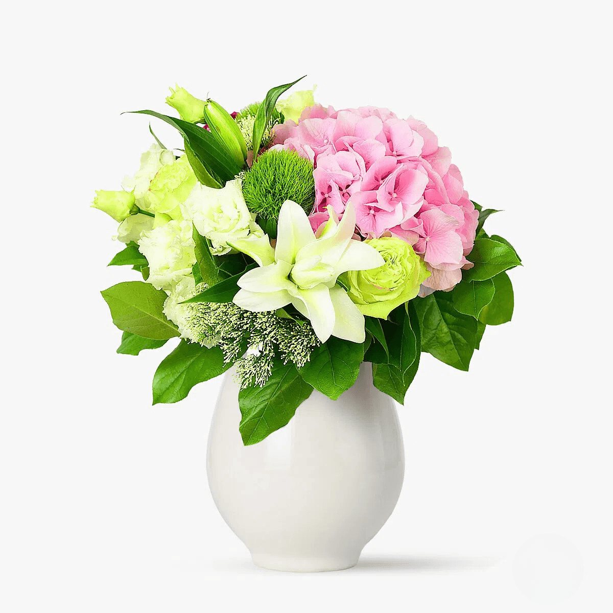 Buchet cu hortensie roz, crini albi, trandafiri lime, trachelium alb Amintirea verii