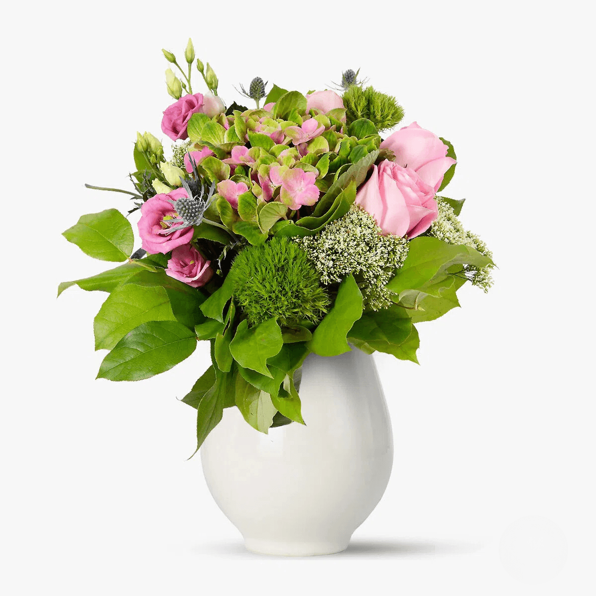 Buchet cu hortensia roz- verde, trandafiri roz, trachelium alb, green tricks Luxuriant