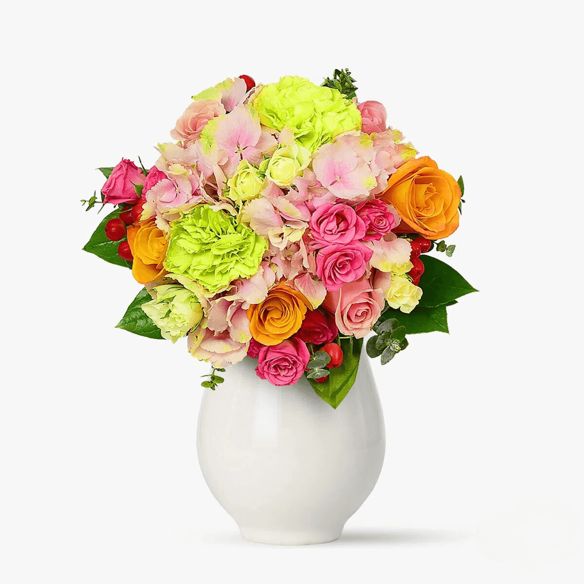 Buchet de flori cu hortensie roz, garoafe lime, trandafiri portocalii, trandafiri roz Buchet Colorat