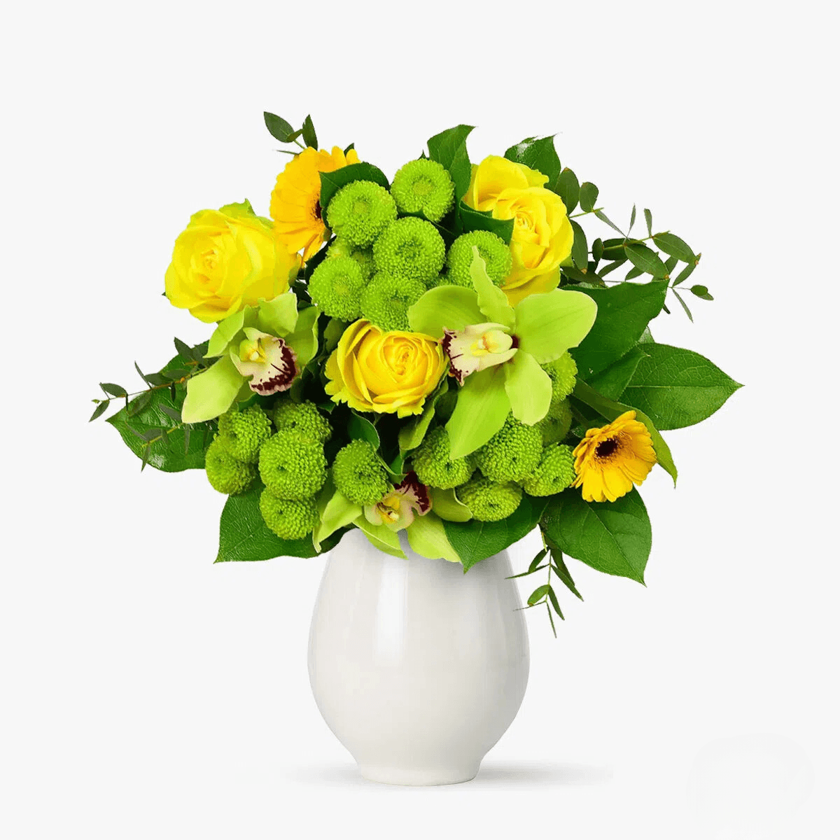 Buchet de flori cu trandafiri galbeni, santini verde, gerbera galbena,4 cupe cymbidium Vise inocente