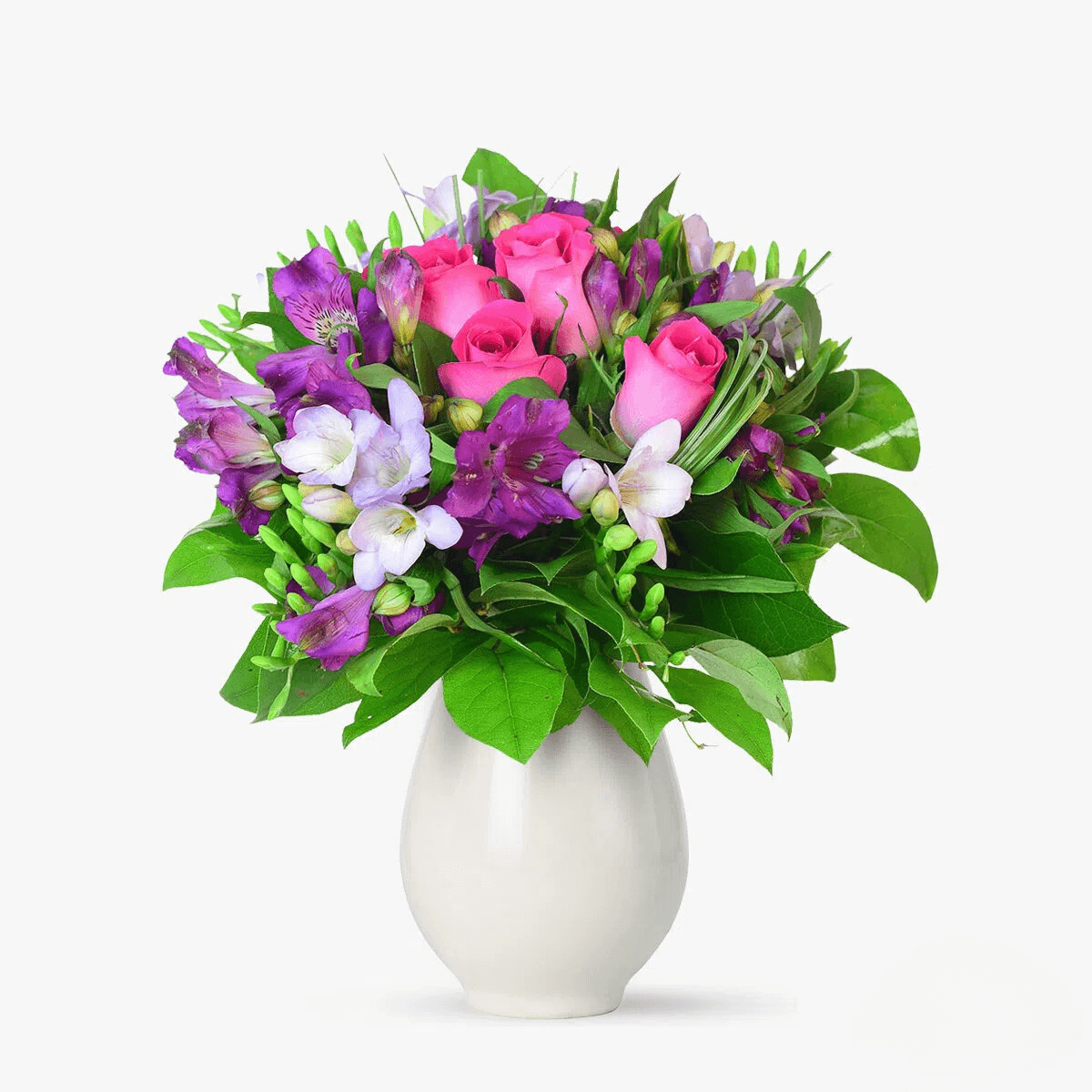 Buchet cu alstroemeria, frezii roz si trandafiri roz pentru fiica