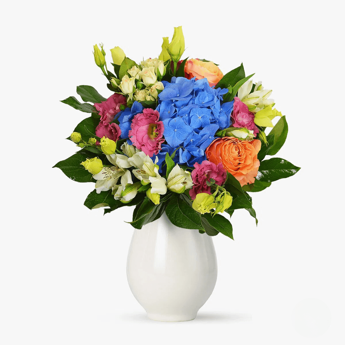 Buchet de flori cu hortensie, minirosa, alstroemeria, lisianthus Nuante de albastru