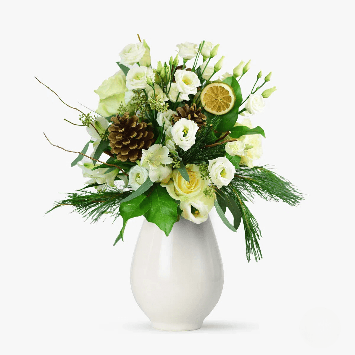 Buchet de flori cu 5 lisianthus alb, 3 trandafiri albi, 3 alstroemeria Colindita