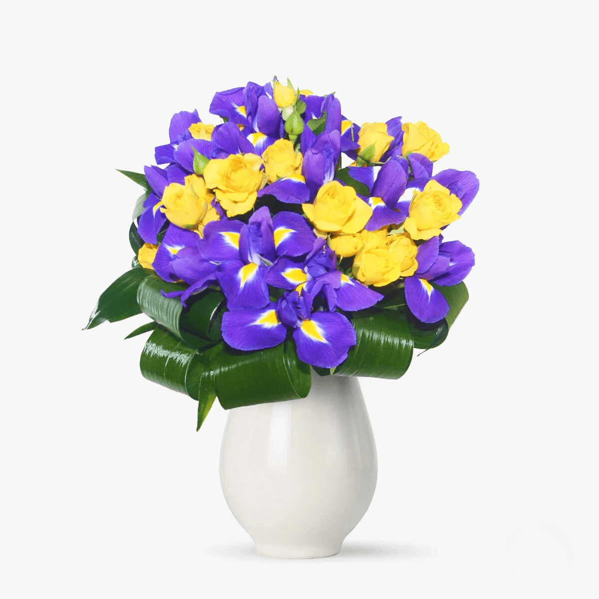 Buchet de flori cu iris mov si minirosa galben Cer instelat