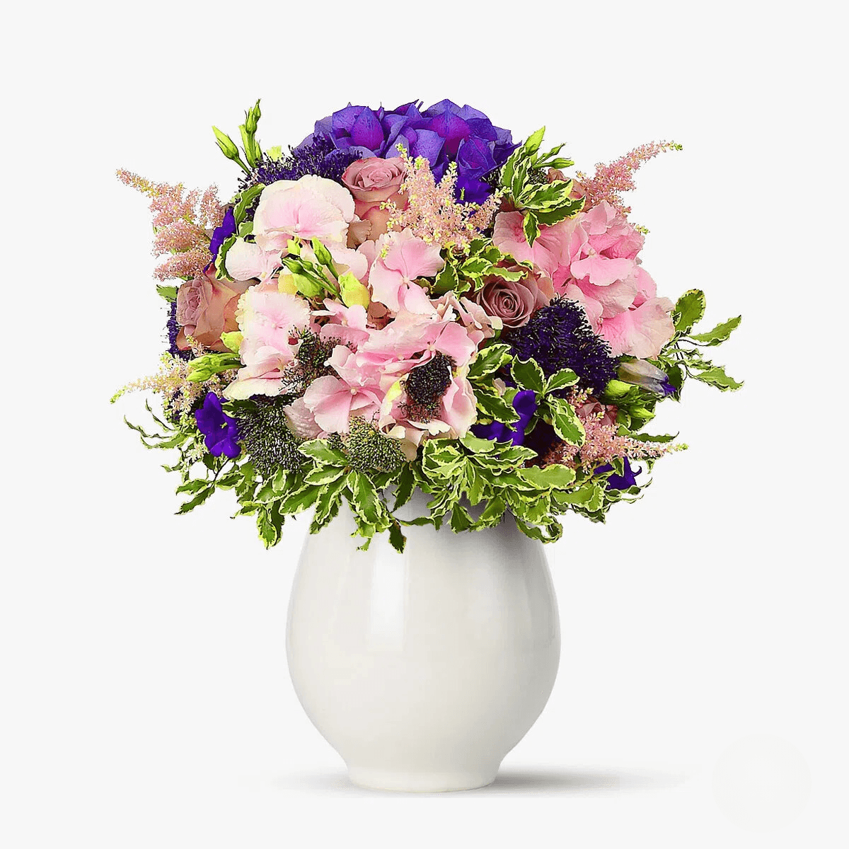 Buchet cu hortenise violet, hortensie roz, lisianthus violet, trahelium violet Poveste delicata