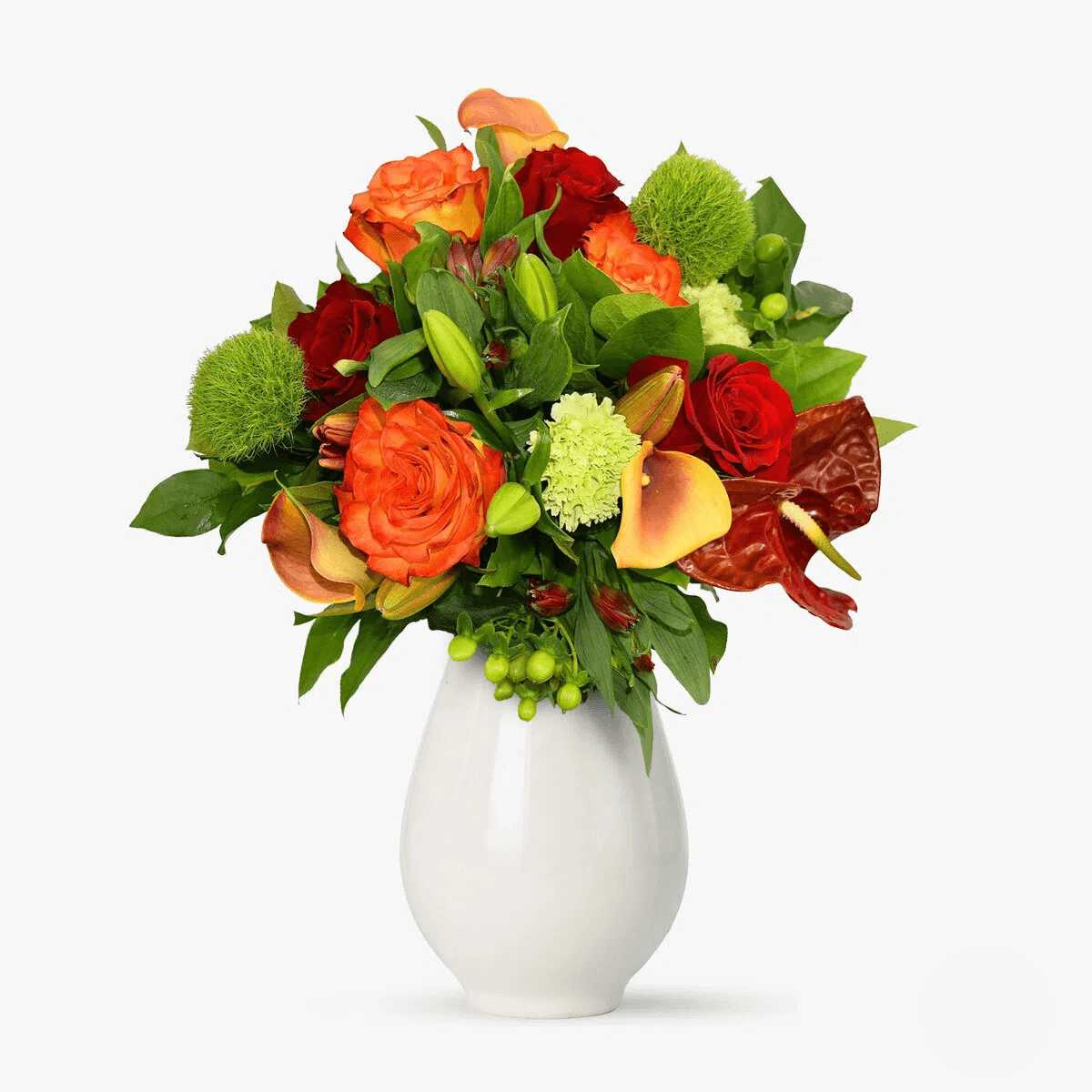 Buchet de flori cu Anthurium rosii, Cala portocalii, Crin asiatic portocalii Culori intense