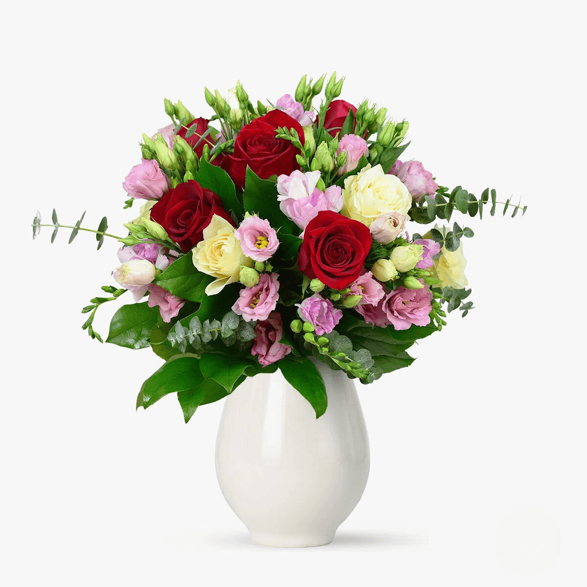 Buchet de flori cu trandafiri rosii si albi, lisianthus roz Doar tu