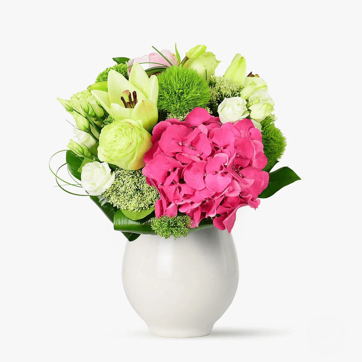 Acum stiu cu hortensie roz, lisianthus alb, 3 trandafiri lime, bujor roz, trahelium