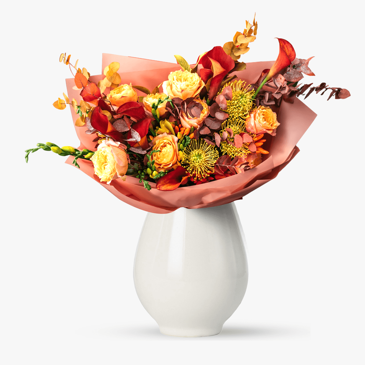 Buchet Galben de toamna cu tradafiri, leucospermum, calla