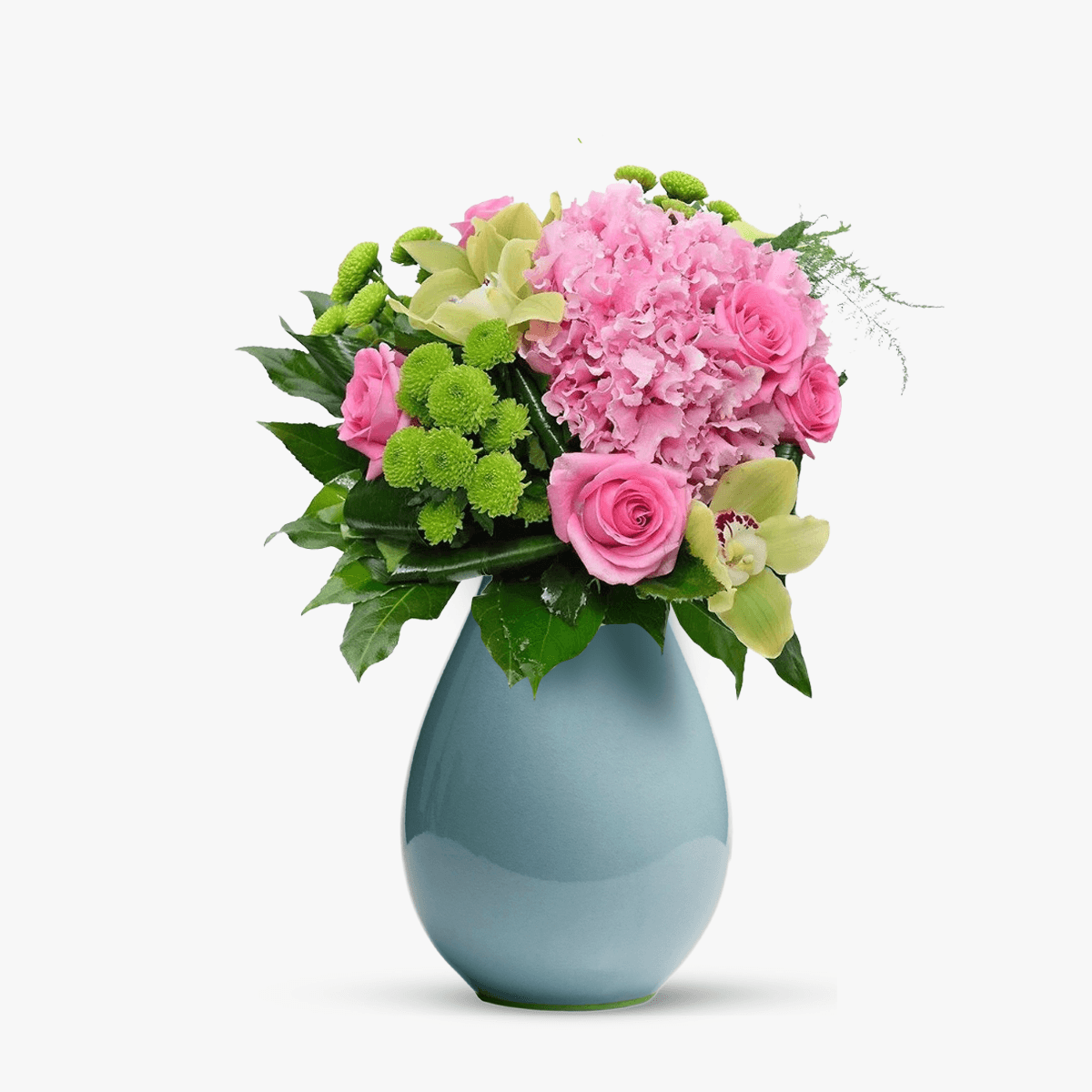 Buchet roz cu orhidee cymbidium verde