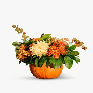 Pumpkin arrangement with chrysanthemums