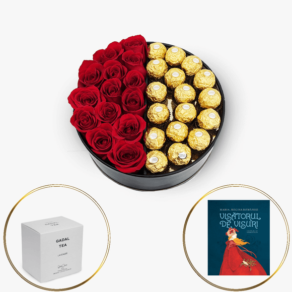 Gift package with roses, candies, book and tea