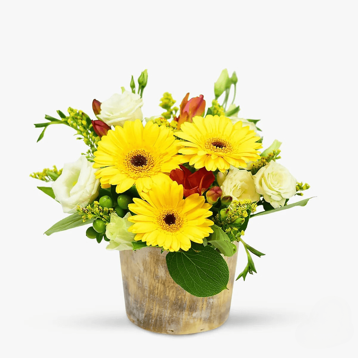 Aranjament floral cu frezii, gerbera, hypericum, lisianthus, Aranjament cu gerbera