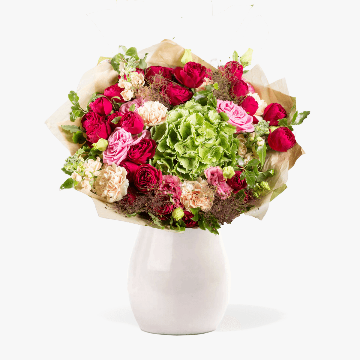 Buchet cu 9 spray multicolori, 1 hydrangea verde, 5 mathiolla roz, 4 lisianthus roz, 5 dianthus plin de lumina