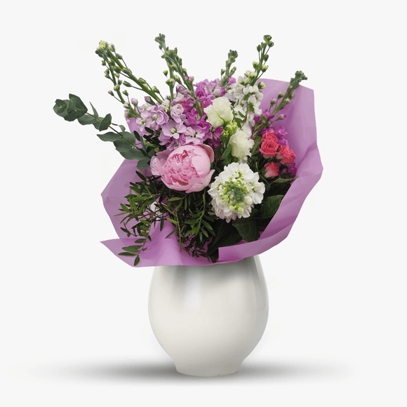 Bouquet with mathiola and peonies