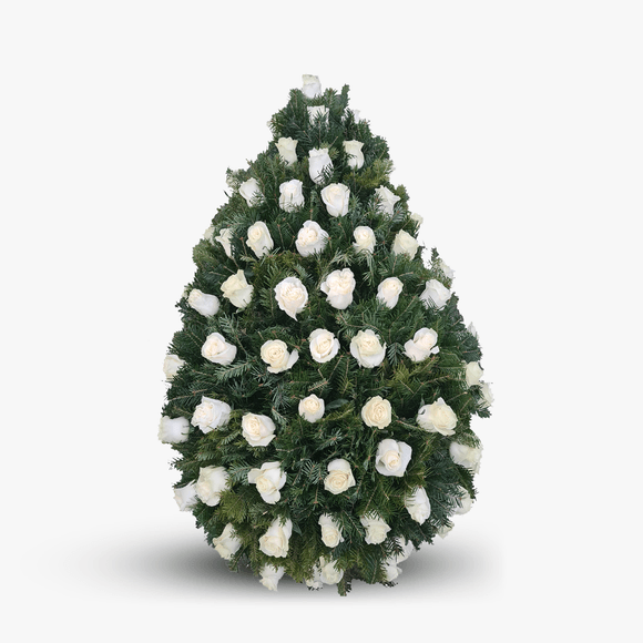 Funeral wreath made of fir, with white roses