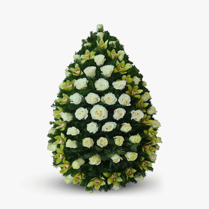 Fir funeral wreath, with white roses and cymbidium orchids