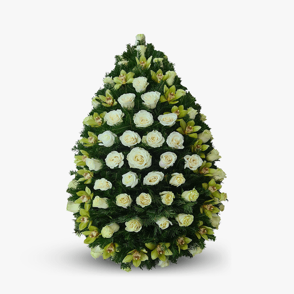 Fir funeral wreath, with white roses and cymbidium orchids