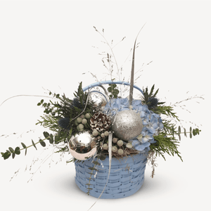 Christmas arrangement with blue flowers