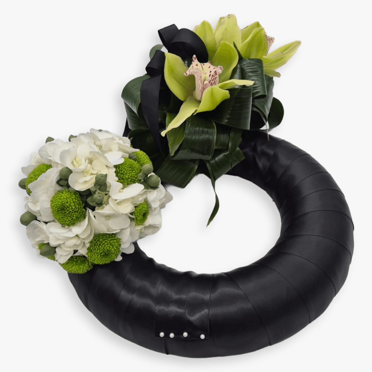 Coroana funerara mica cu anthurium su crizanteme albe - Floria.ro